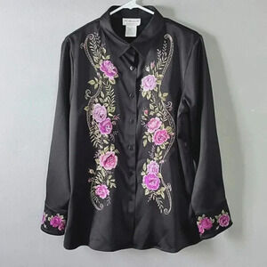Vtg. Victor Costa Occasion Blouse Women M Black Satin Floral Embroidered Sequins